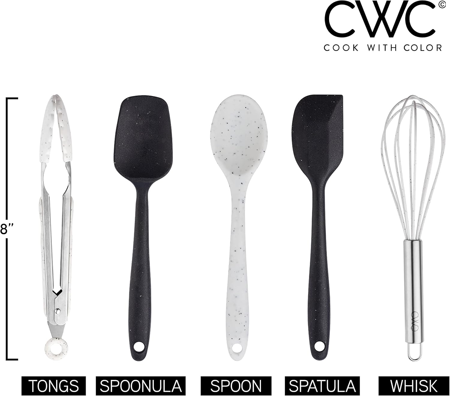 Cook With Color Juego de cinco mini utensilios de cocina  Herramientas de cocina de silicona, batidor, pinzas, espátula, cuchara y cuchara (negro y