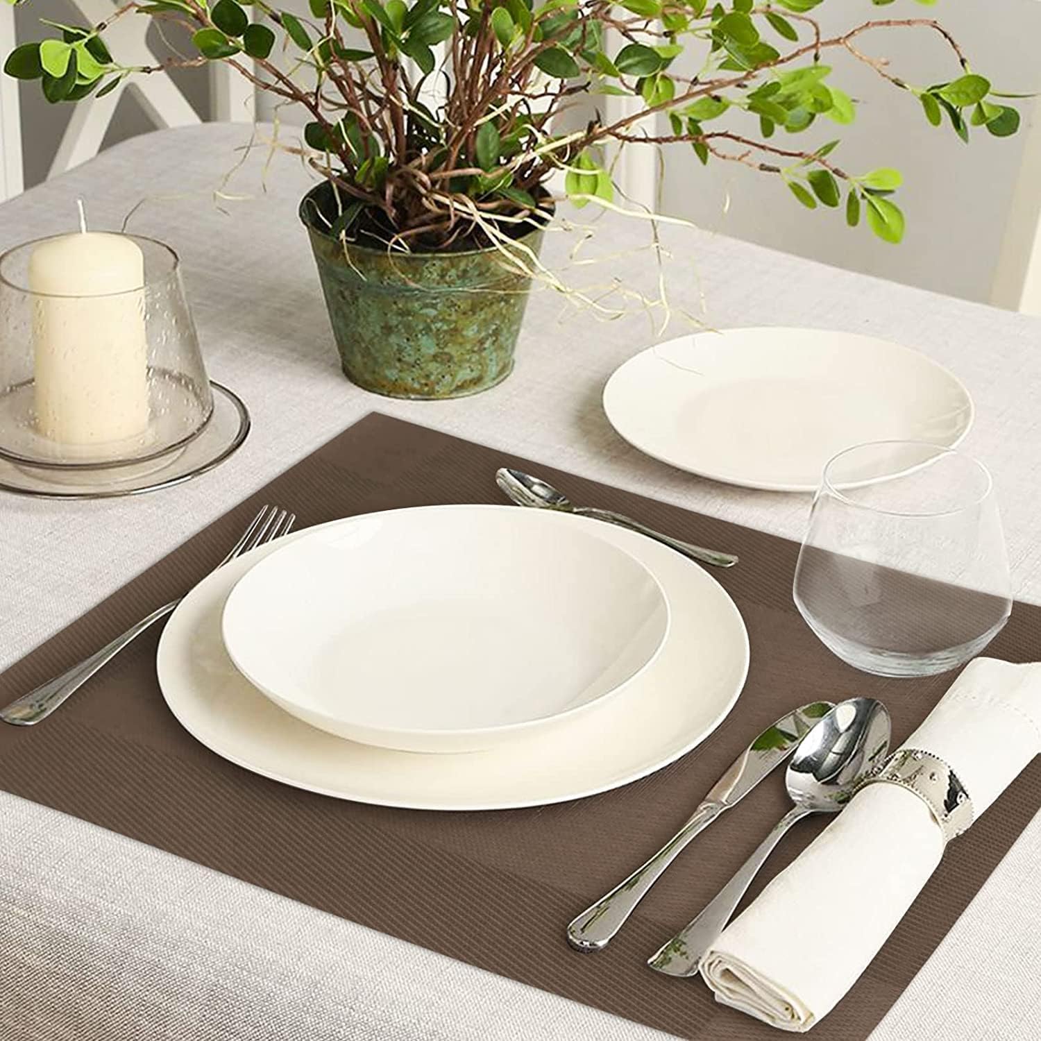 Juego de 6 manteles individuales de tejido de PVC lavables para mesa de cocina, resistentes al calor, antideslizantes, manchas (marrón)
