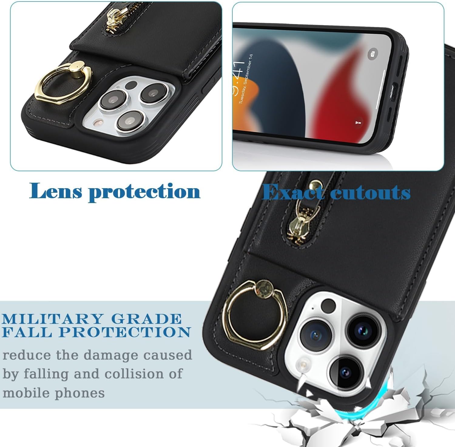 Funda para iPhone 13 Pro Max con tarjetero para mujer, iPhone 13 Pro Max, funda para teléfono con tarjeta de crédito con anillo, cierre de soporte,