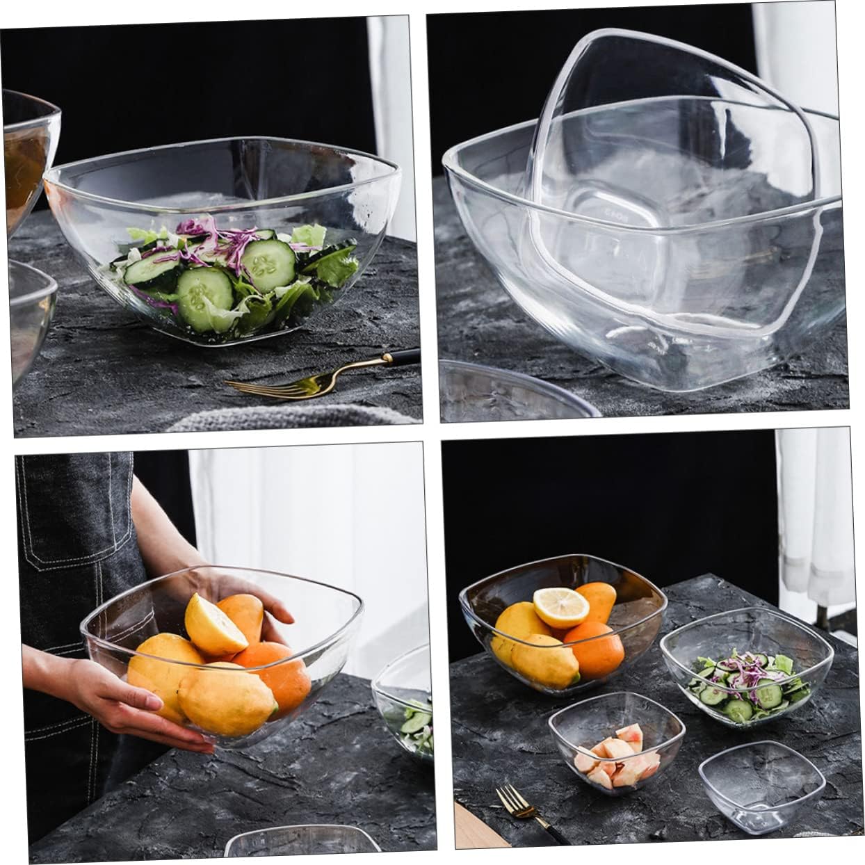 Didiseaon Tazón de ensalada de vidrio transparente, con chips de cristal, postre de cristal, aperitivos de nueces, cuencos de comida transparentes,