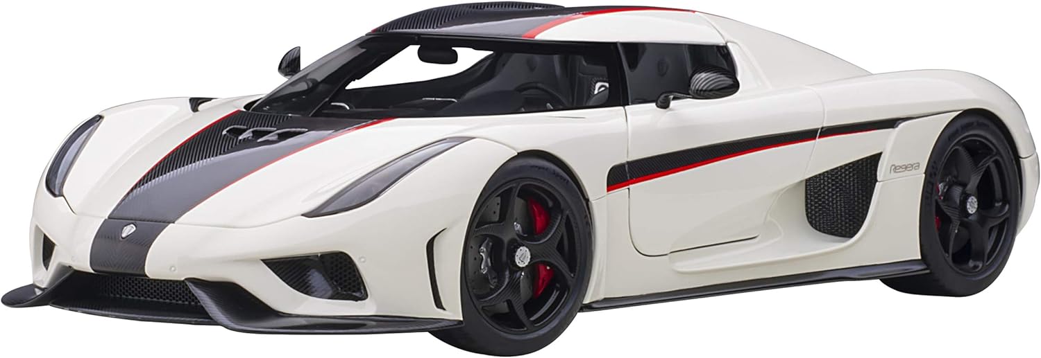 Koenigsegg Regera 79027 – Coche modelo 118 blanco con carbón negro y rayas rojas