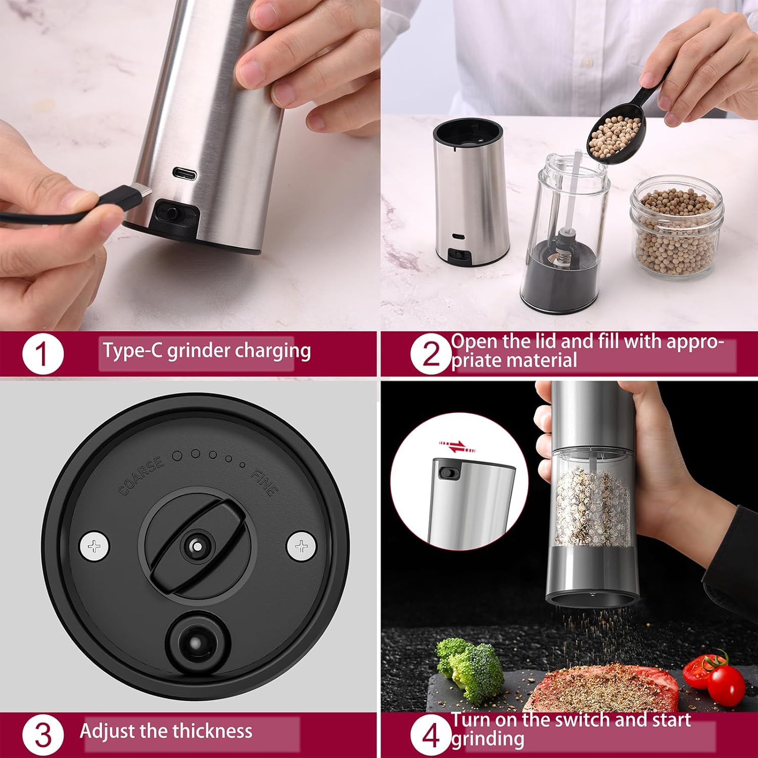 Juego de molinillo eléctrico de sal y pimienta con base de carga recargable USB, molinillo de pimienta eléctrico de inducción automática con grosor