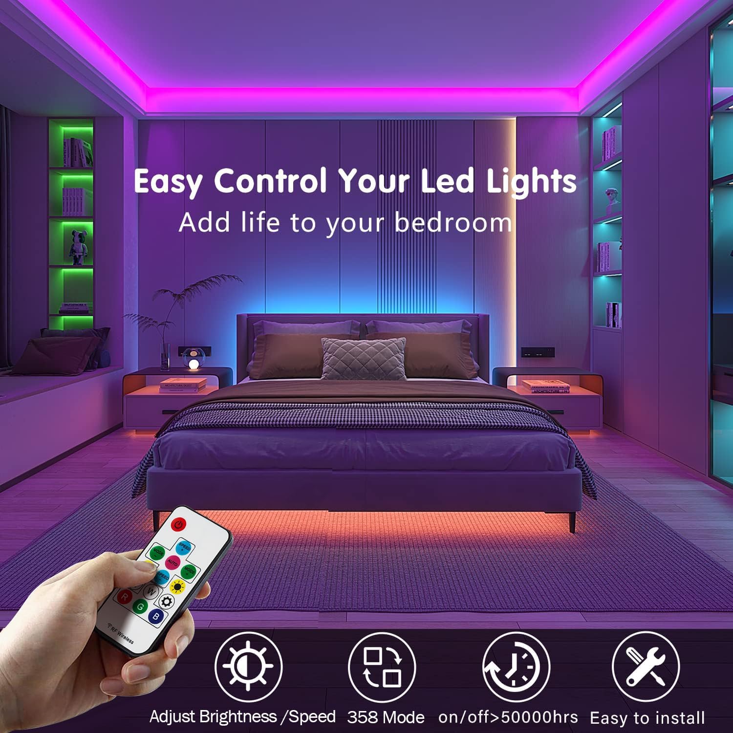 Tasodin RGBIC – Tira de luces LED para dormitorio, kit de tiras de luces LED que cambian de color con control remoto, 16.4 pies, 5050, flexible,