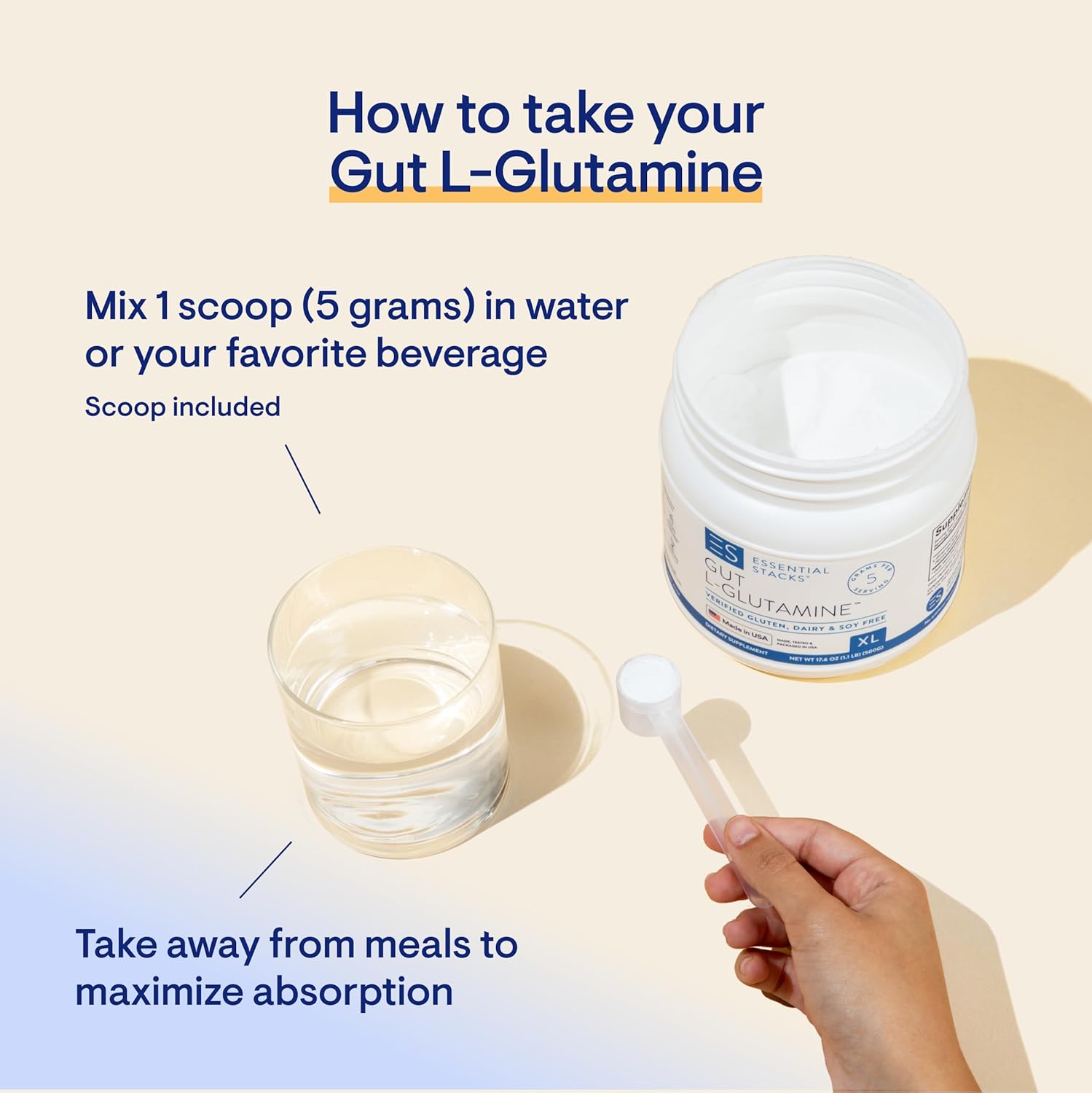 Essential Stacks Gut L Glutamine Powder XL (17.64 oz) – Fabricado en Estados Unidos, sin OMG, sin gluten, vegano, sin sabor (100 porciones)