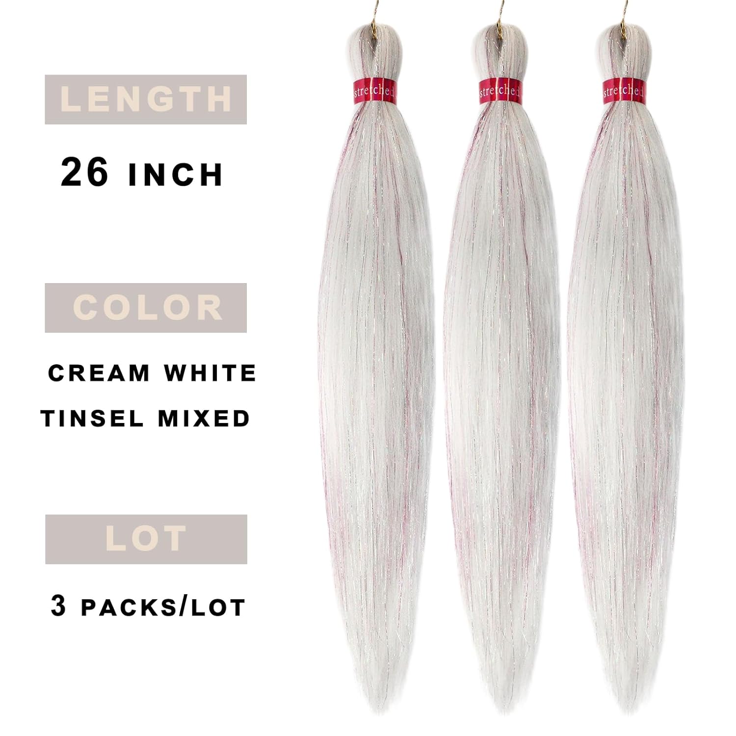 Yuzshuooxin Pelo trenzado de oropel blanco crema preestirado de 26 pulgadas, extensiones de cabello trenzado Kanekalon, 3 paquetes de cabello de