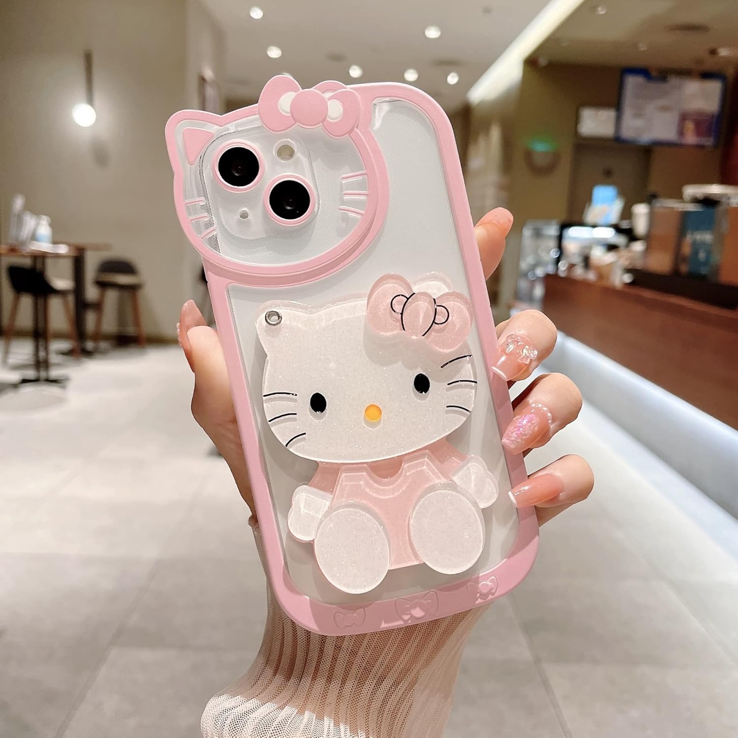 Funda protectora transparente de TPU suave para iPhone 15 de 6.1 pulgadas para iPhone 15 con diseño de dibujos animados de gato rosa con lazo 3D,