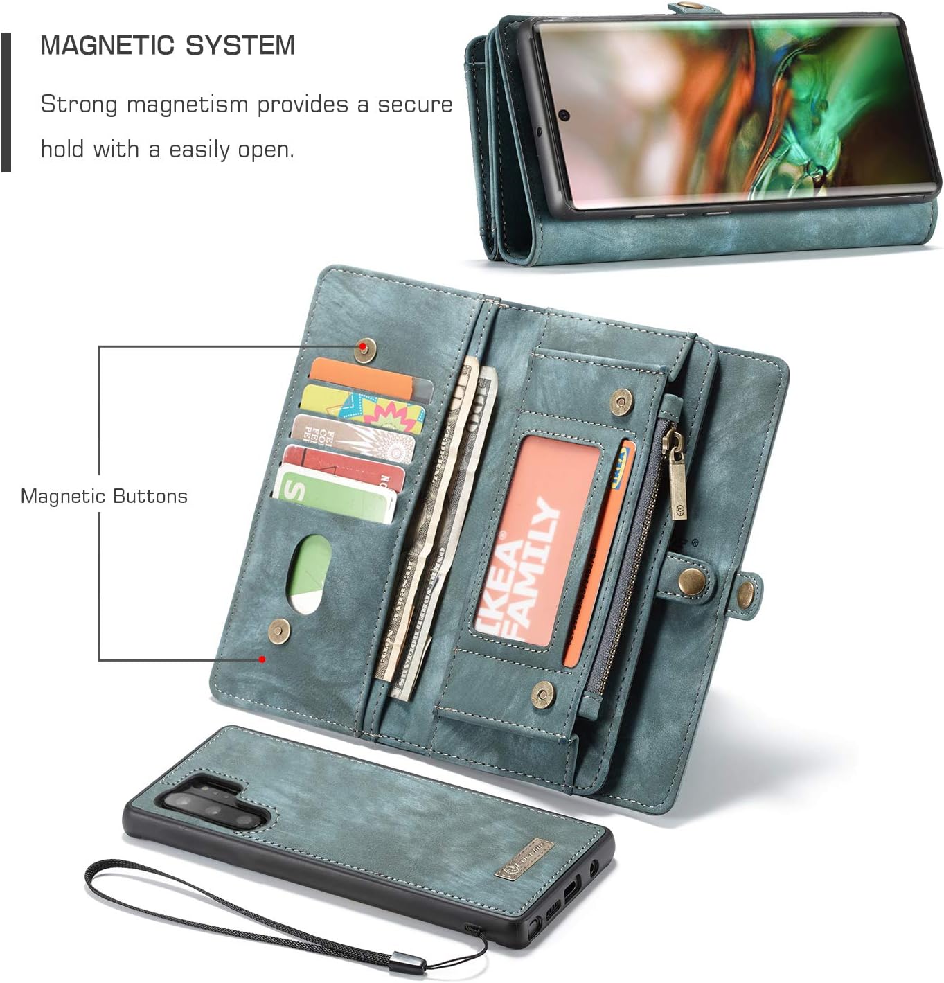 Funda tipo cartera para Samsung Galaxy Note 10 Plus, 2 en 1, de piel duradera, magnética, desmontable, con ranuras para tarjetas, cremallera y funda