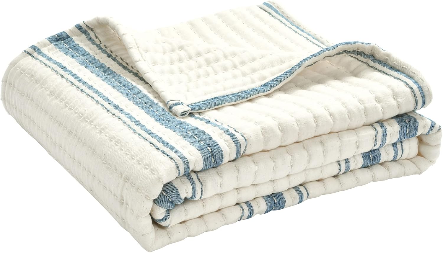 Lush Decor Farmhouse Stripe Kantha Pick Stich – Manta tejida de algodón teñido, reversible, 50 x 60 pulgadas, color azul
