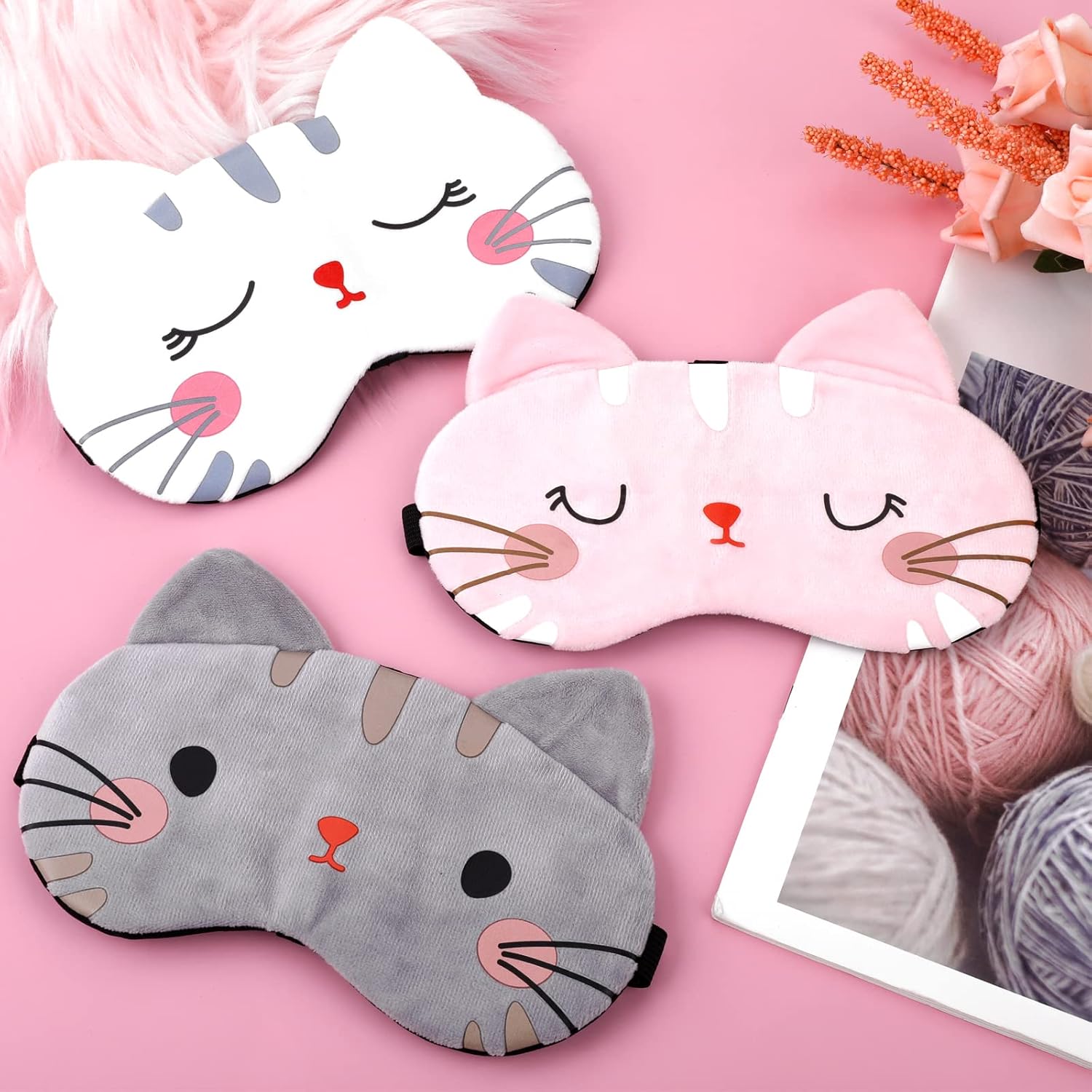 3 piezas de antifaz para dormir para niños, máscara suave para dormir con correa ajustable de dibujos animados gato máscara para dormir adultos