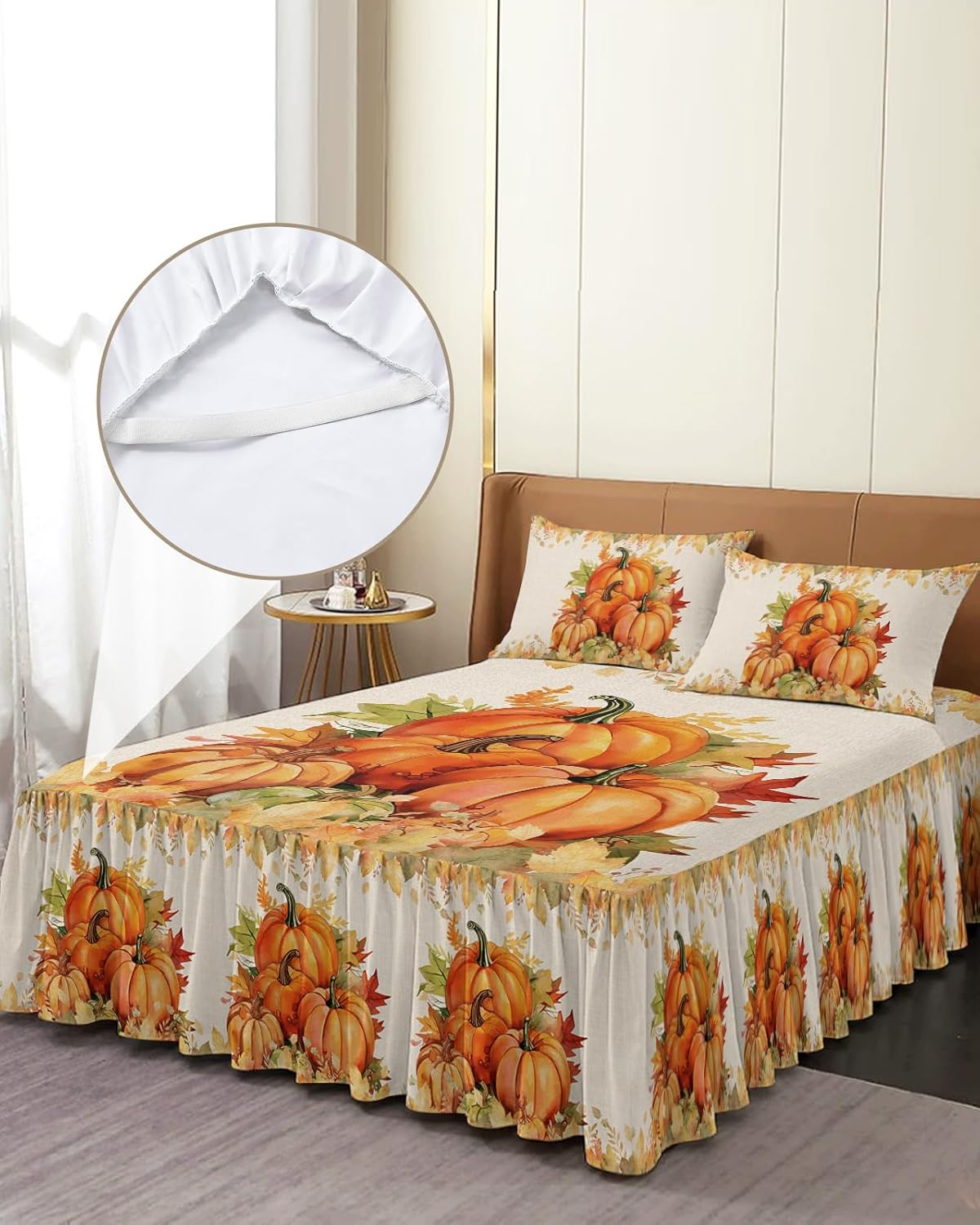 Faldas de cama de calabaza de otoño de Acción de Gracias, tamaño matrimonial de 18 pulgadas de caída, falda de cama envolvente, con volantes, colcha