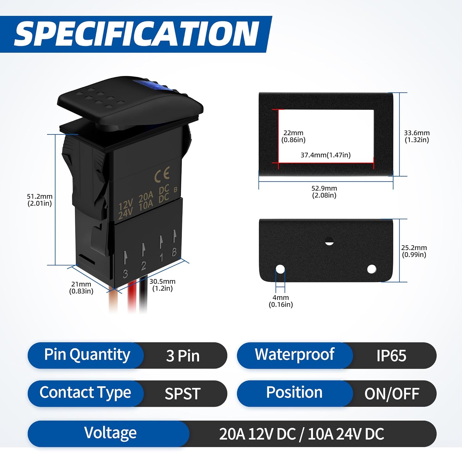 Interruptor basculante de 12 voltios 3 pines Spst OnOff 20A 12V 10A 24V LED azul interruptor basculante montaje en panel para barco marino coche