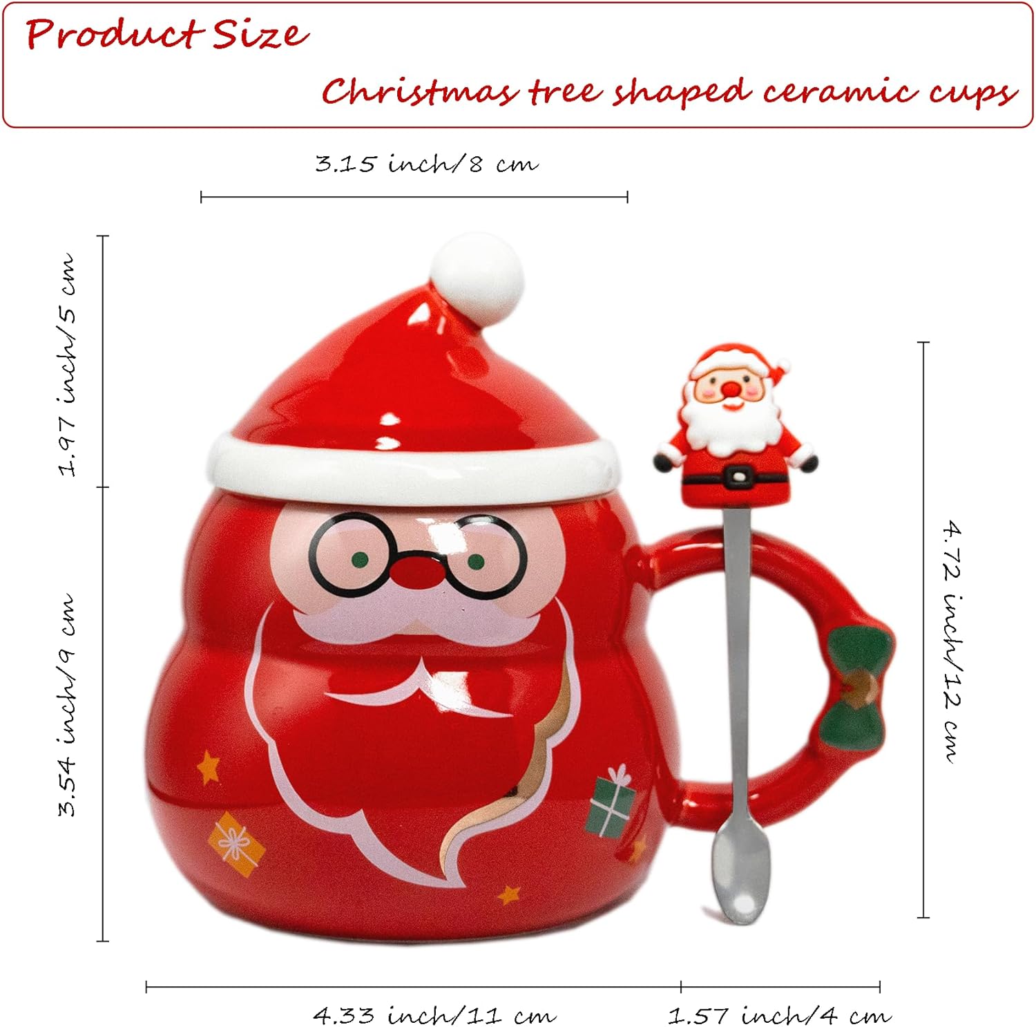 Juego de 2 tazas de café con diseño de árbol de Navidad color rojo, tazas de café de cerámica duraderas con tapa y cuchara de 16 onzas, el mejor