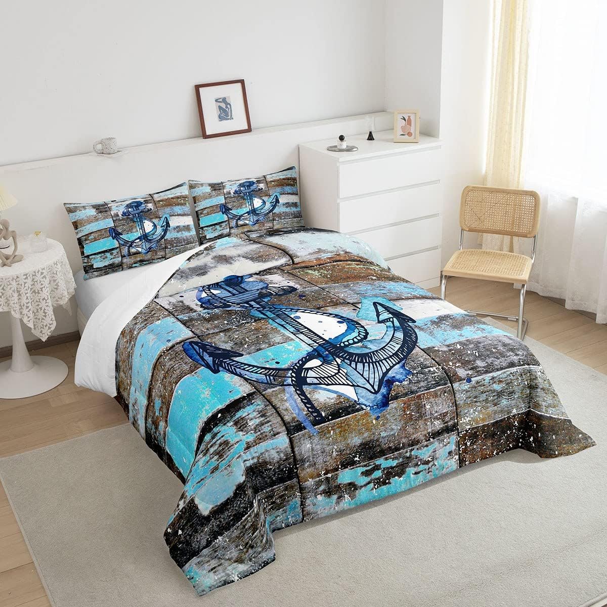 Navigation Anchor – Juego de edredón de 2 piezas, tamaño individual, ropa de cama con temática oceánica azul, regalo para niños y niñas, dormitorio