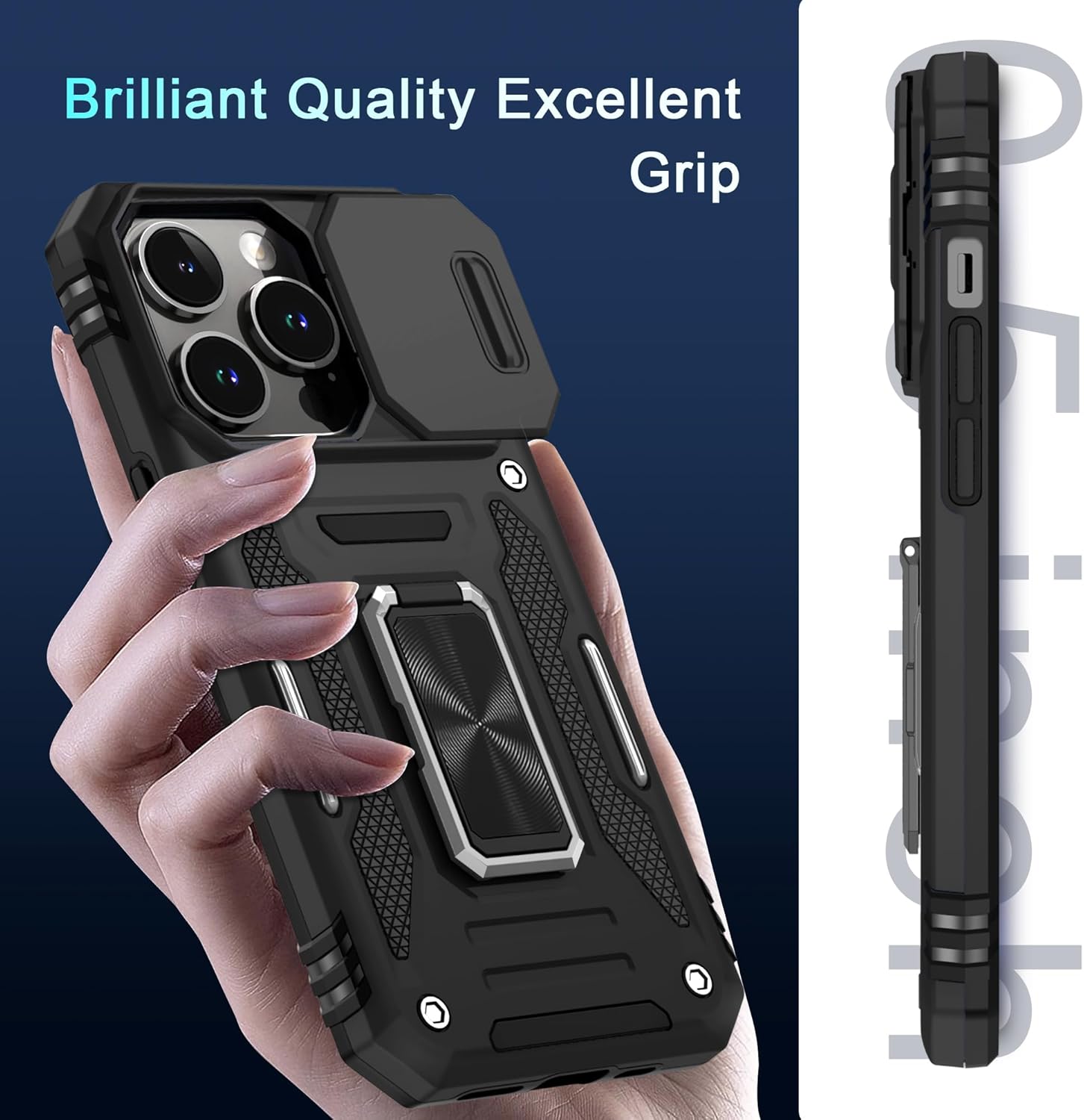 DEERLAMN Funda para iPhone 13 Pro con cubierta deslizante para cámara + protector de pantalla (1 unidad), soporte de anillo giratorio de grado