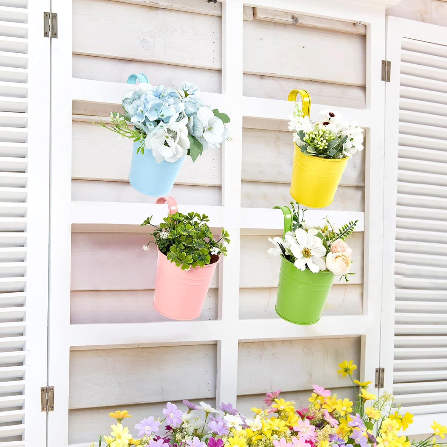 Paquete de 36 macetas de barandilla de 4 pulgadas, macetas colgantes de flores coloridas para plantas de exterior con gancho desmontable, maceta de