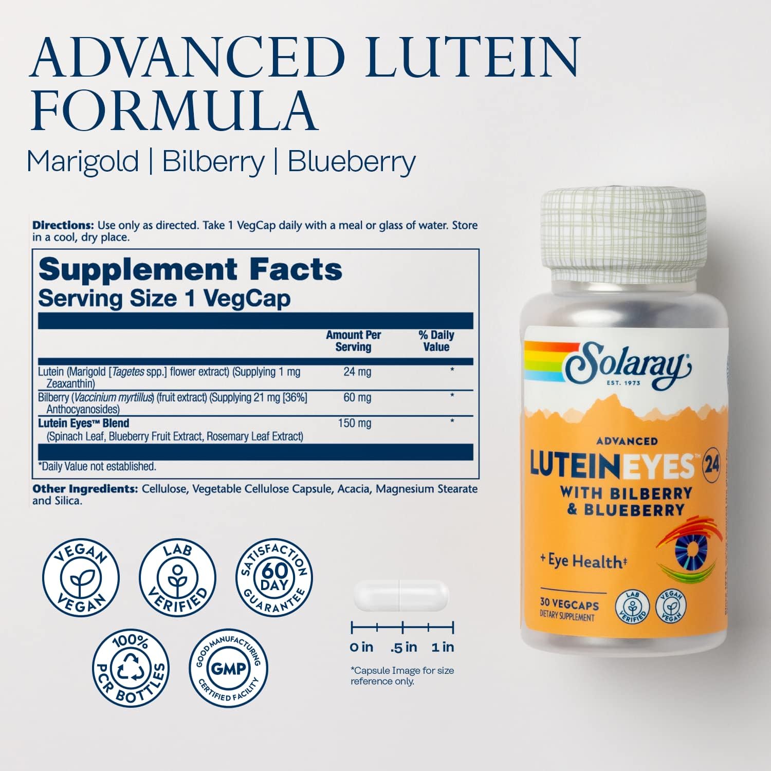 Solaray Advanced Lutein Eyes 24 mg con extracto de arándano y extracto de arándano, suplemento de apoyo para la salud ocular y macular que - Imagen 3