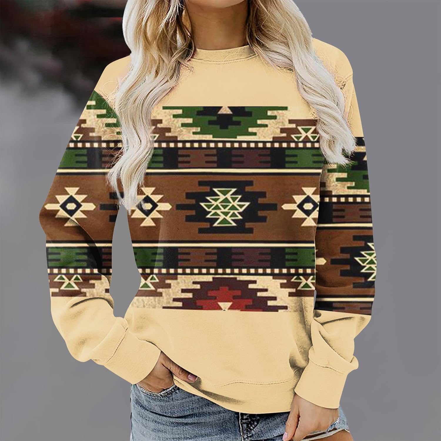 Sudadera azteca para mujer, diseño geométrico vintage, con cuello redondo, manga larga, étnica occidental, suéter tribal