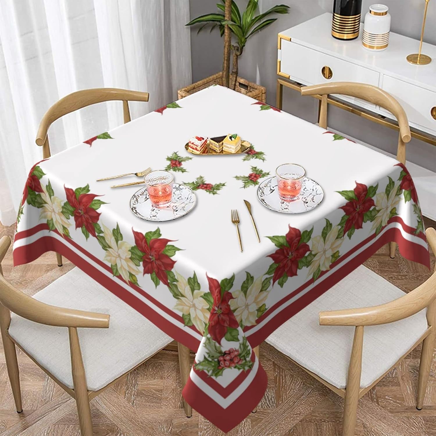 AGAYNA Mantel cuadrado de Navidad de 54 x 54 pulgadas, mantel floral de flor de pascua rojo y blanco, resistente a las manchas, mantel de Navidad