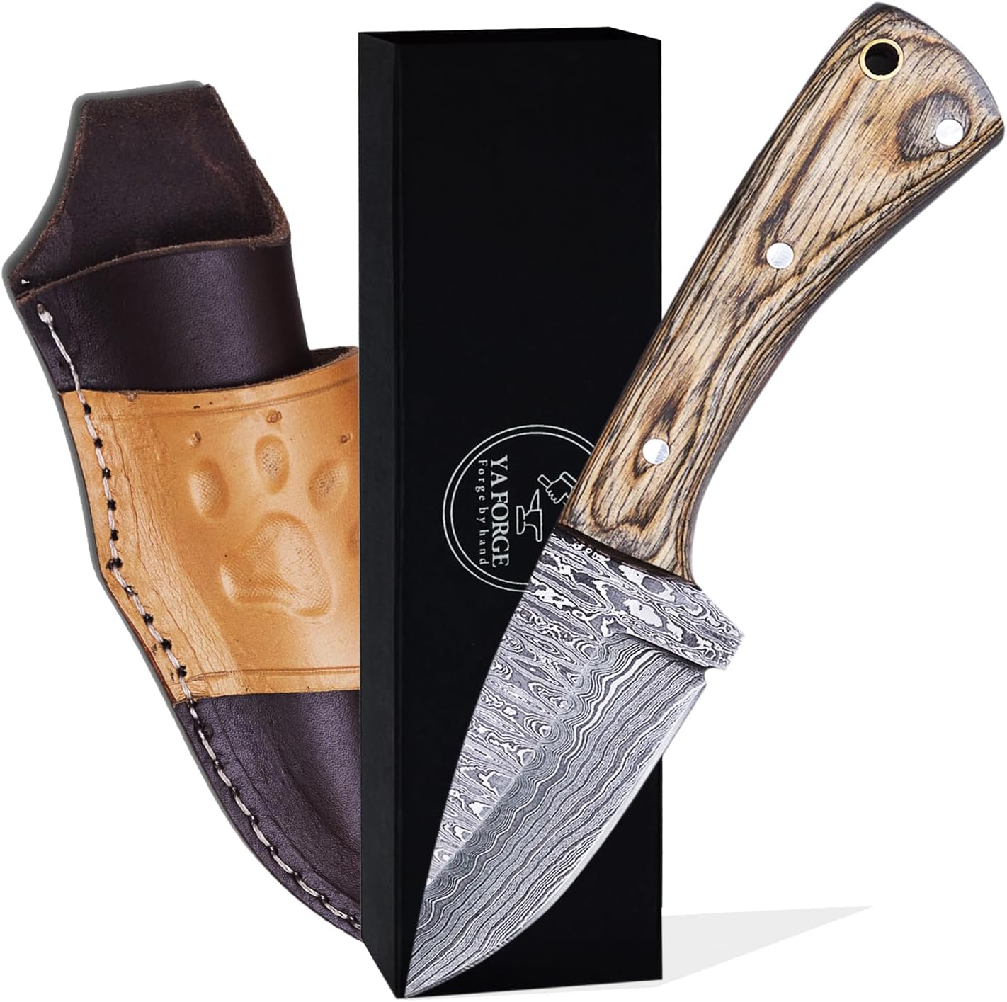 YA FORGE -Cuchillo de caza de 7 pulgadas, cuchillo de supervivencia de acero de Damasco forjado a mano, Handel de madera de Pakka con pasadores de