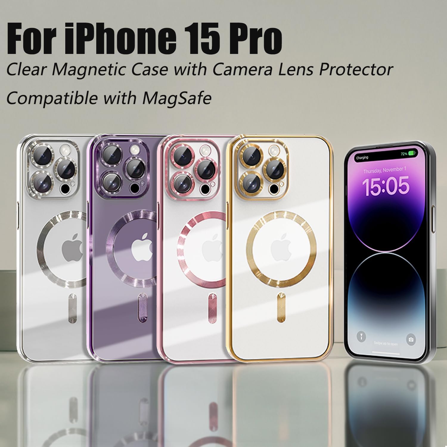 Misscase Funda MagSafe para iPhone 15 Pro con protector de lente de cámara, protección completa, funda magnética transparente compatible con MagSafe