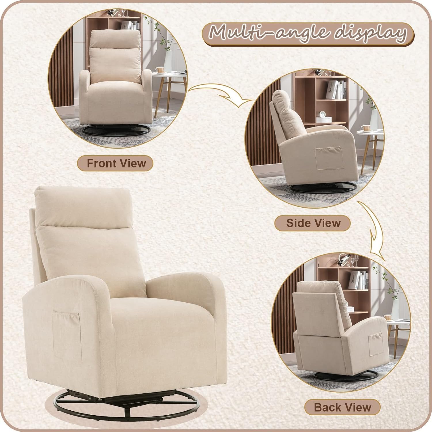 Kurhwyss Silla giratoria para guardería, moderna silla mecedora con respaldo alto y bolsillo de almacenamiento, mecedora tapizada con base de metal
