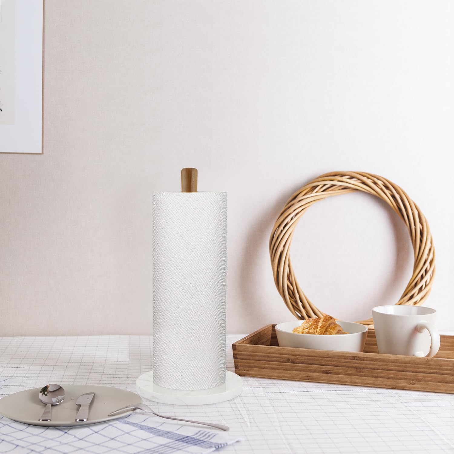 Buruis Toallero de papel de madera, base de mármol, moderno soporte decorativo para rollos de encimera, para cocina, inodoro, despensa y baño (base