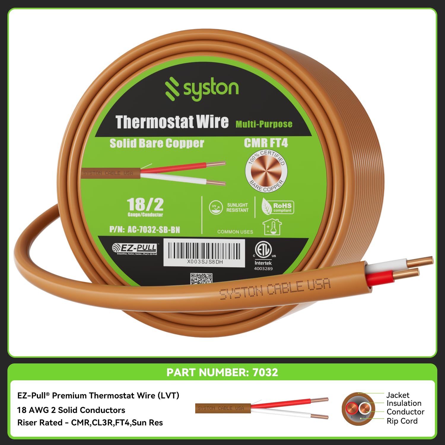 Syston – Cable de control de calefacción HAVC para timbre de puerta 182, 18 AWG 2 conductores de cobre 100% sólido CL3RFT4CMR, resistente a los