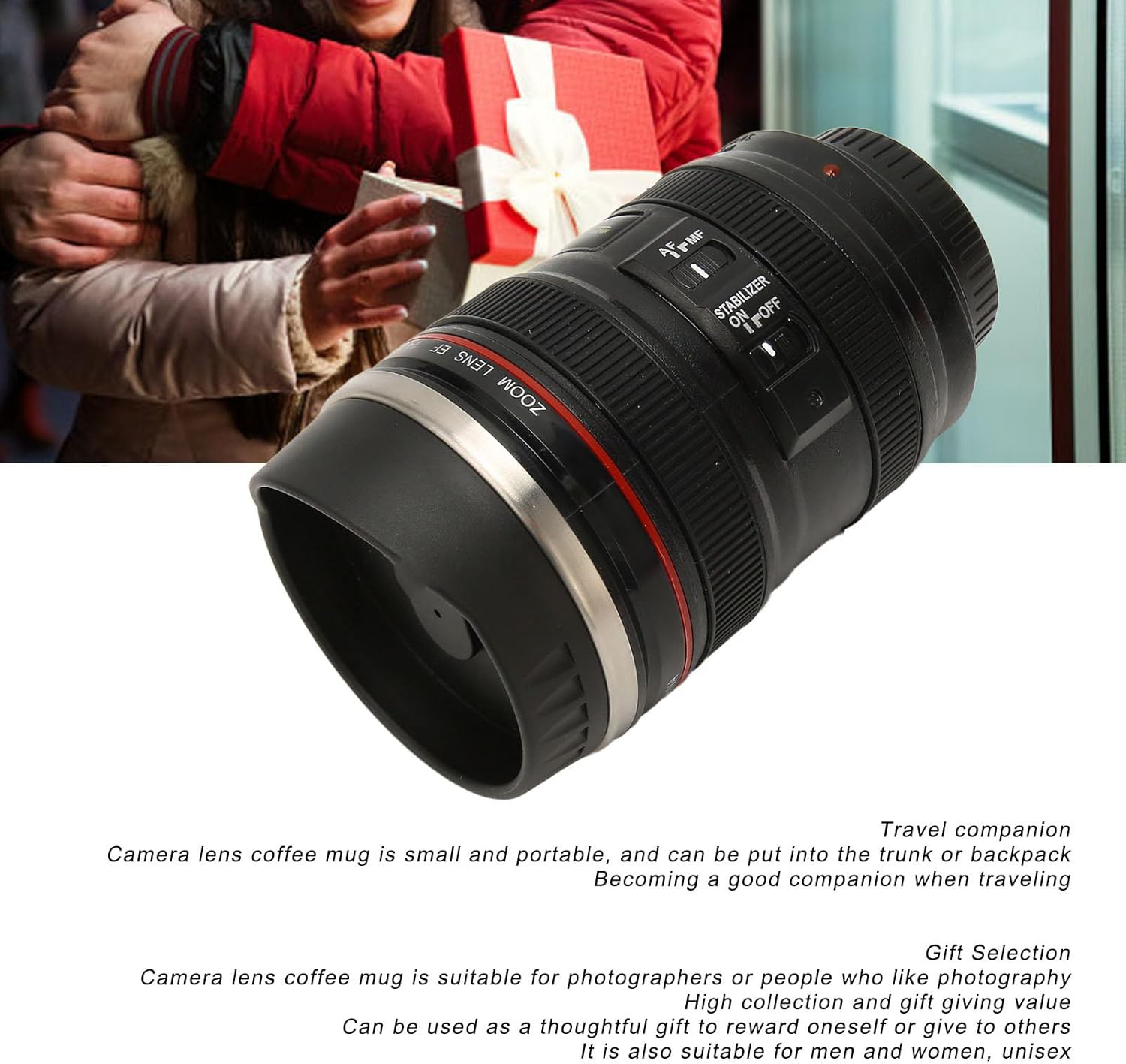 Taza de café con lente de cámara, taza de café de acero inoxidable para fotógrafo, taza de café de viaje con tapa, forro interior de acero
