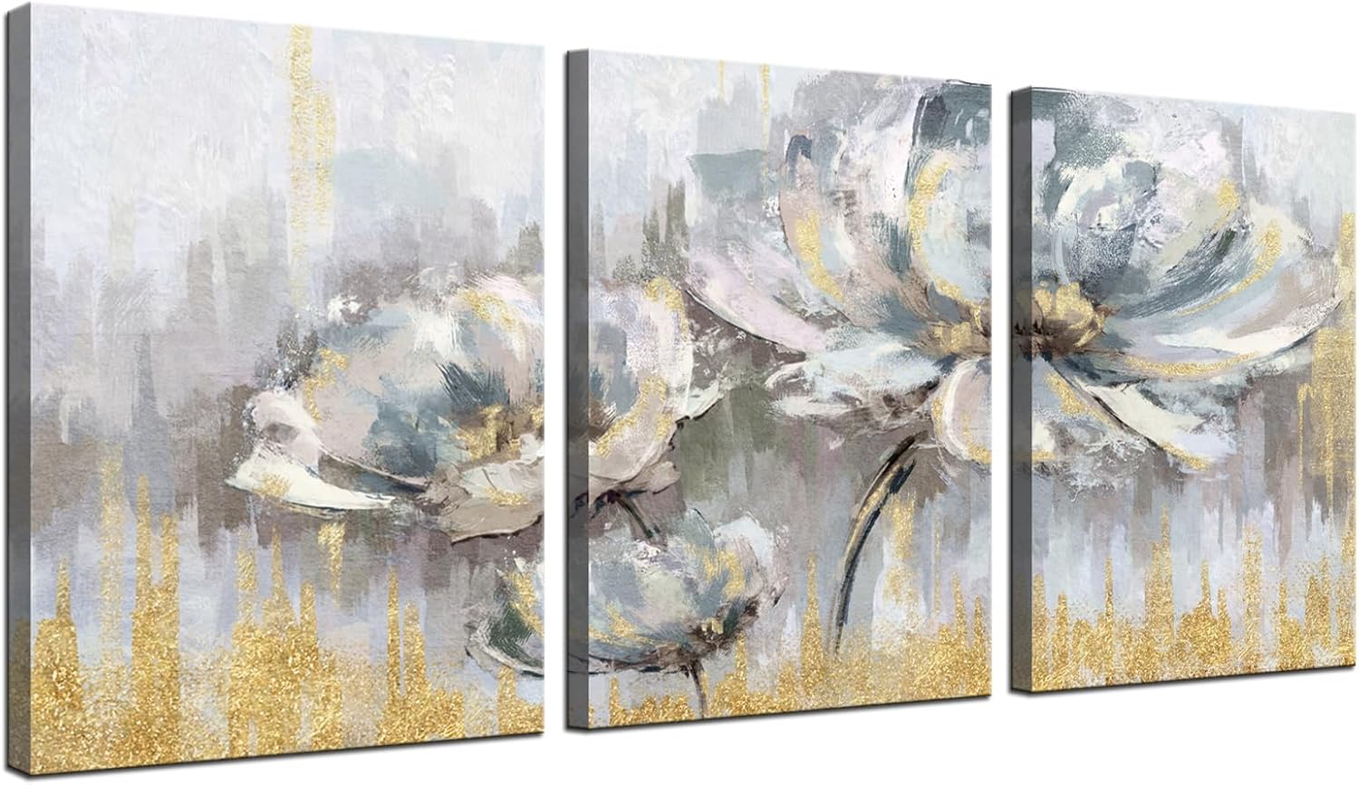 Biuteawal 3 piezas de flores blancas y grises, decoración floral floreciente con pintura dorada, arte de pared, arte abstracto moderno, arte de