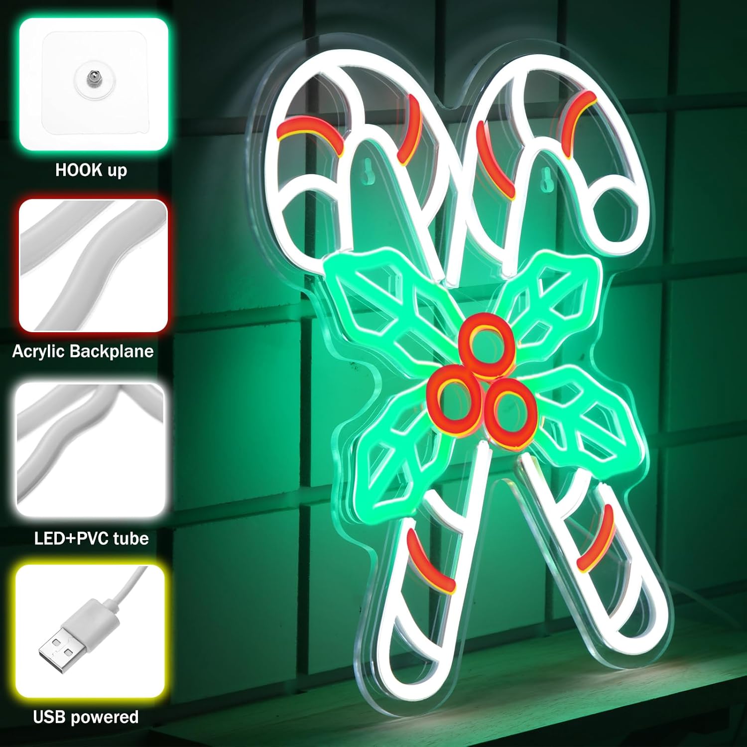 Letrero de neón de caramelo de Navidad de 14.2 x 11.8 pulgadas, letreros LED alimentados por USB, decoración de pared para el hogar, decoración de