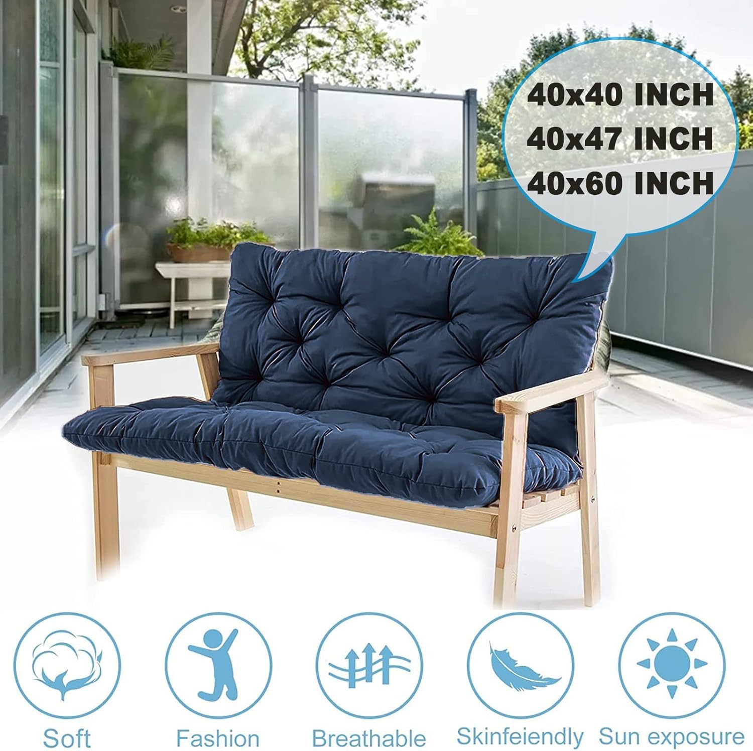 Bench Cushions Swing Cushions Replacement Seat Pad, 3 Seater Waterproof Overstuffed Bench Cushion,Outdoor Loveseat Cushions with Ties for Porch