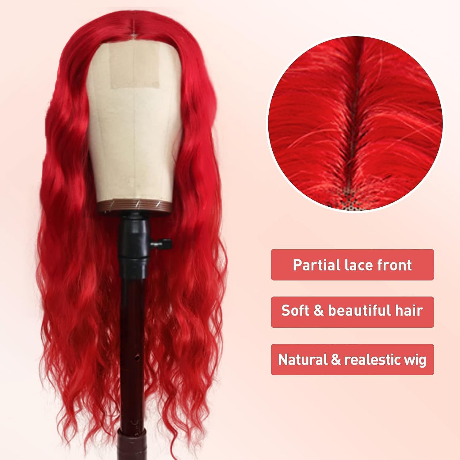 HOSYTIS Peluca roja  Peluca larga de onda roja para mujer, peluca sintética de calor de 28 pulgadas, peluca de repuesto para uso diario, peluca de