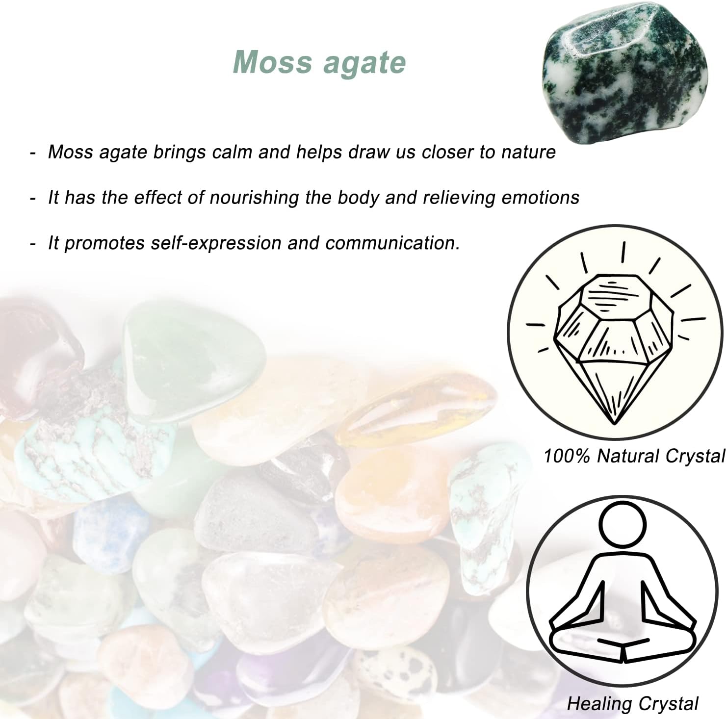 Piedras de cristal curativo de ágata musgo, piedras preciosas curativas de Reiki grandes de 1.25 a 2.0 pulgadas, piedras preciosas pulidas naturales