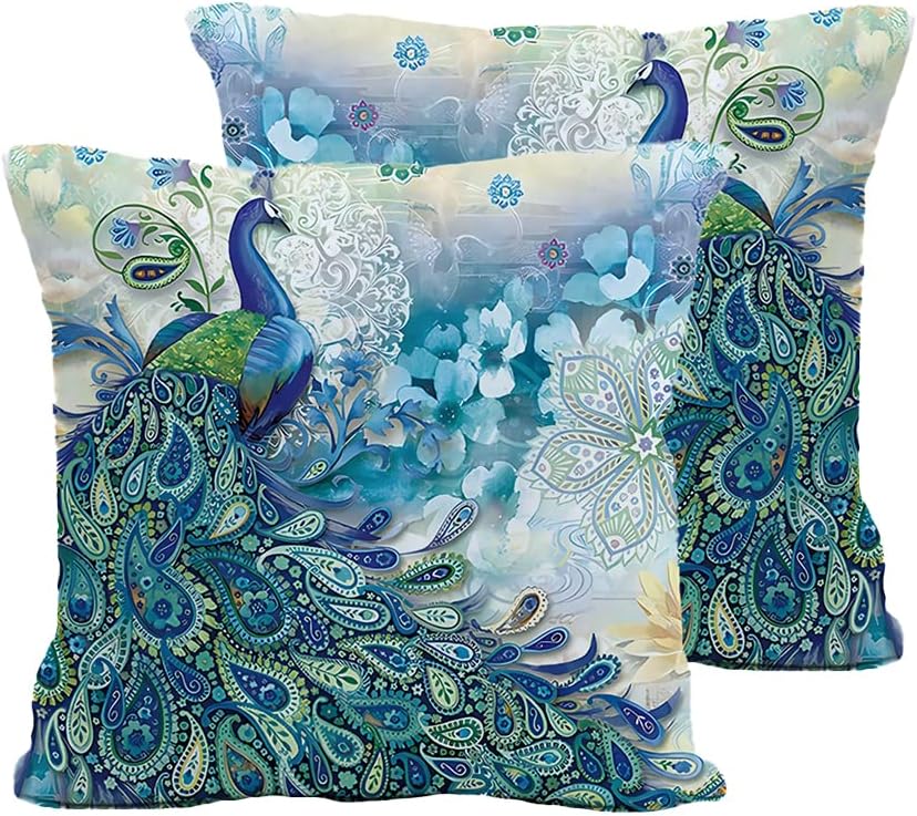 Juego de 2 fundas de almohada de pavo real verde azulado, acuarela azul turquesa vintage pavo real, regalos de pavo real, fundas de almohada