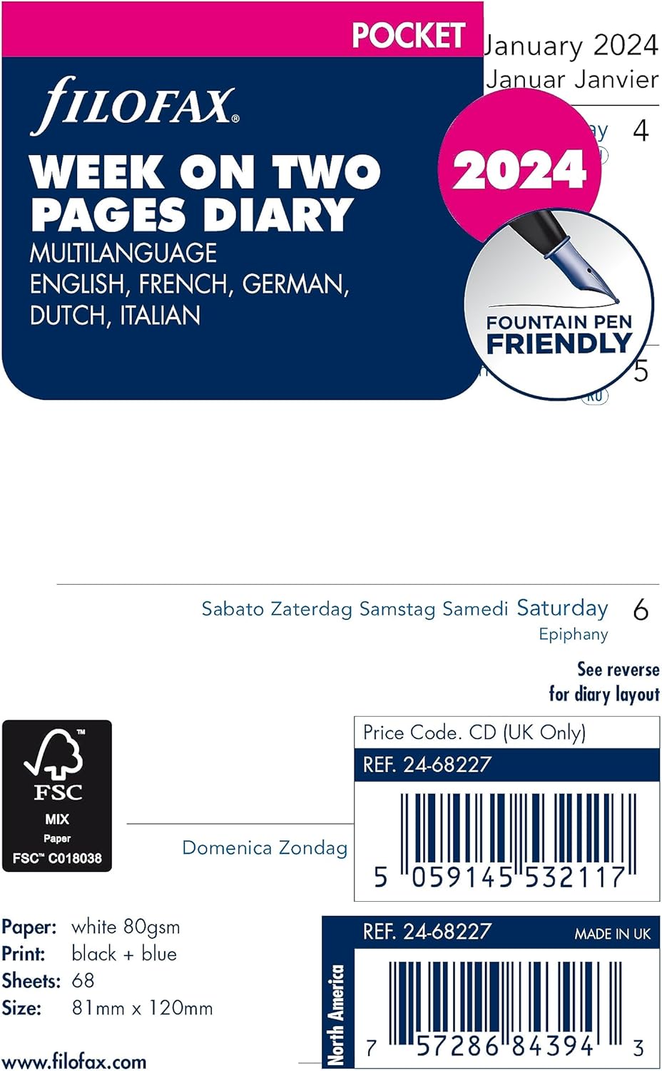 Filofax Recambio de diario de calendario, tamaño de bolsillo, semana a vista, libro blanco, sin rayas, multilingüe cinco idiomas, 2024 (C68227-24)