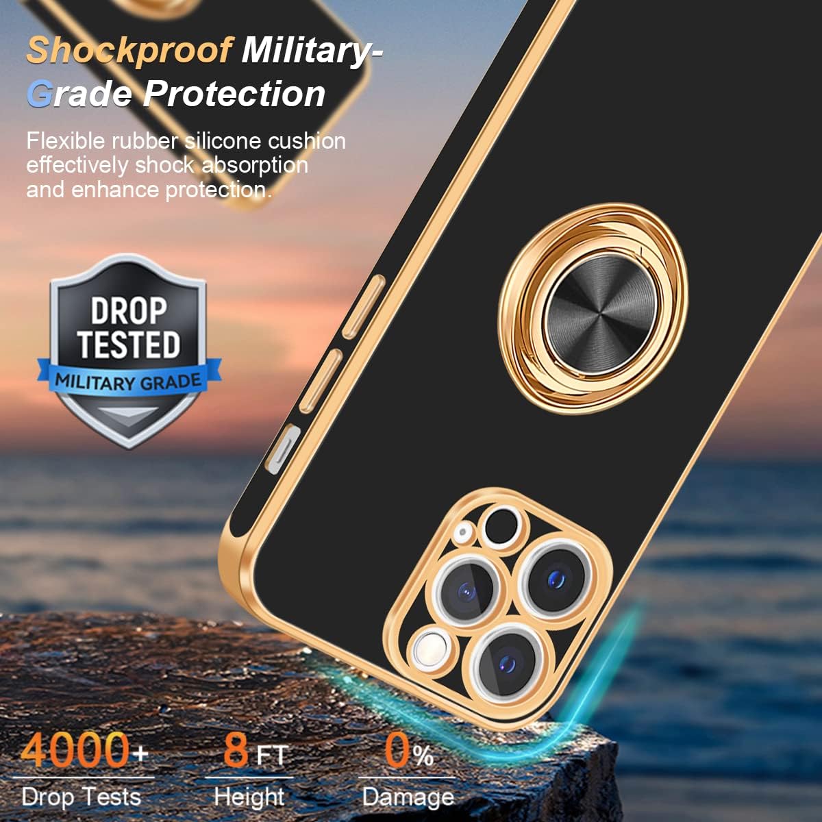 Fingic Funda para iPhone 12 Pro, funda para iPhone 12 Pro con soporte de anillo, ajuste delgado, soporte para automóvil, protección a prueba de