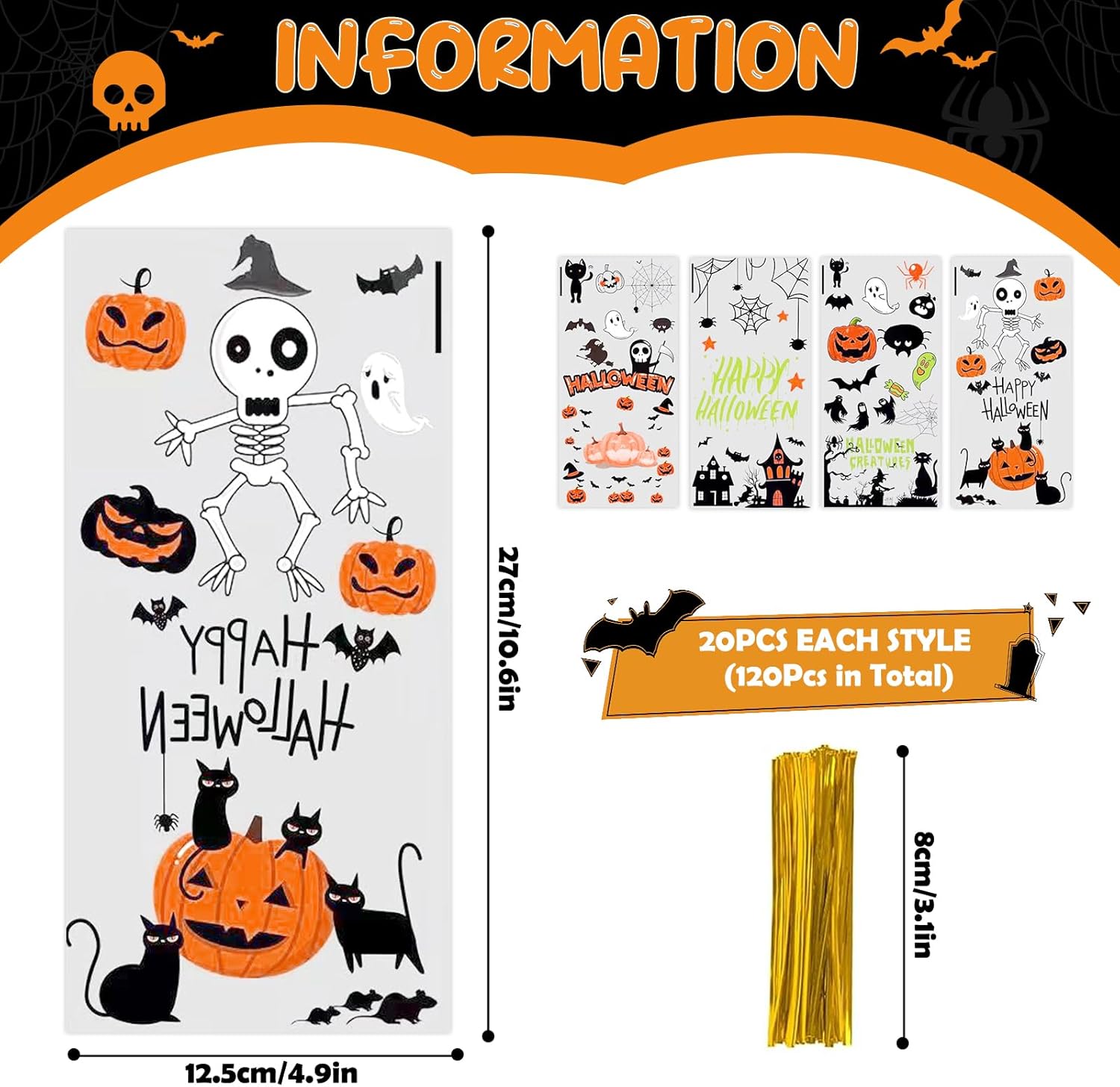 JMANNI Bolsas de dulces de Halloween para celfán, 120 bolsas de plástico transparente para Halloween, bolsas de dulces, murciélagos, calabaza y
