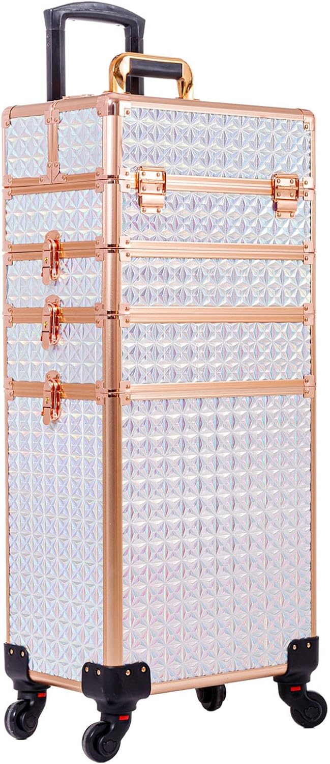 Estuche de maquillaje profesional 5 en 1, estuche de aluminio para cosméticos, estuche de maquillaje con ruedas giratorias de 360 , Blanco, Estuche