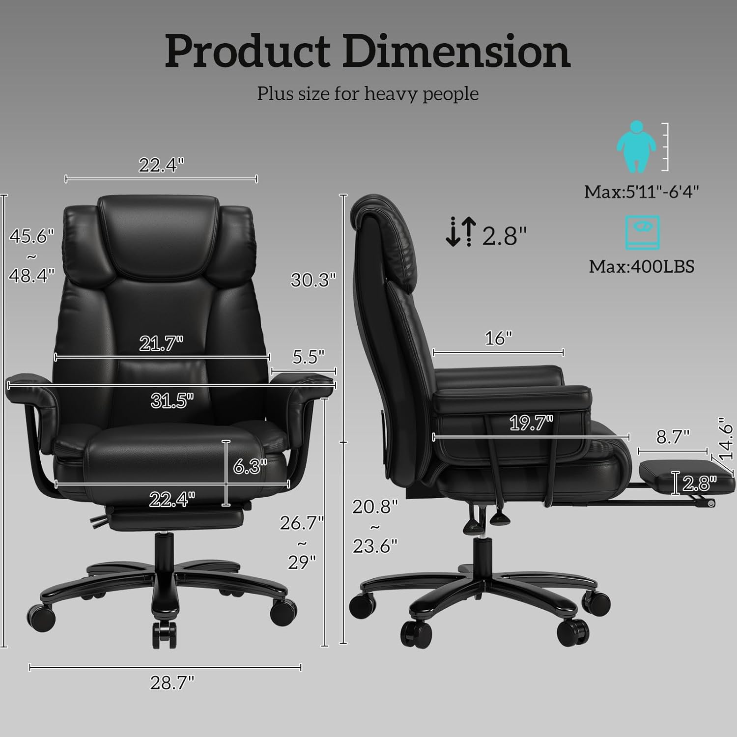 GYI Silla de oficina grande y alta de 400 libras con asiento y brazos anchos, silla de oficina reclinable de 160 con reposapiés, cómoda silla de