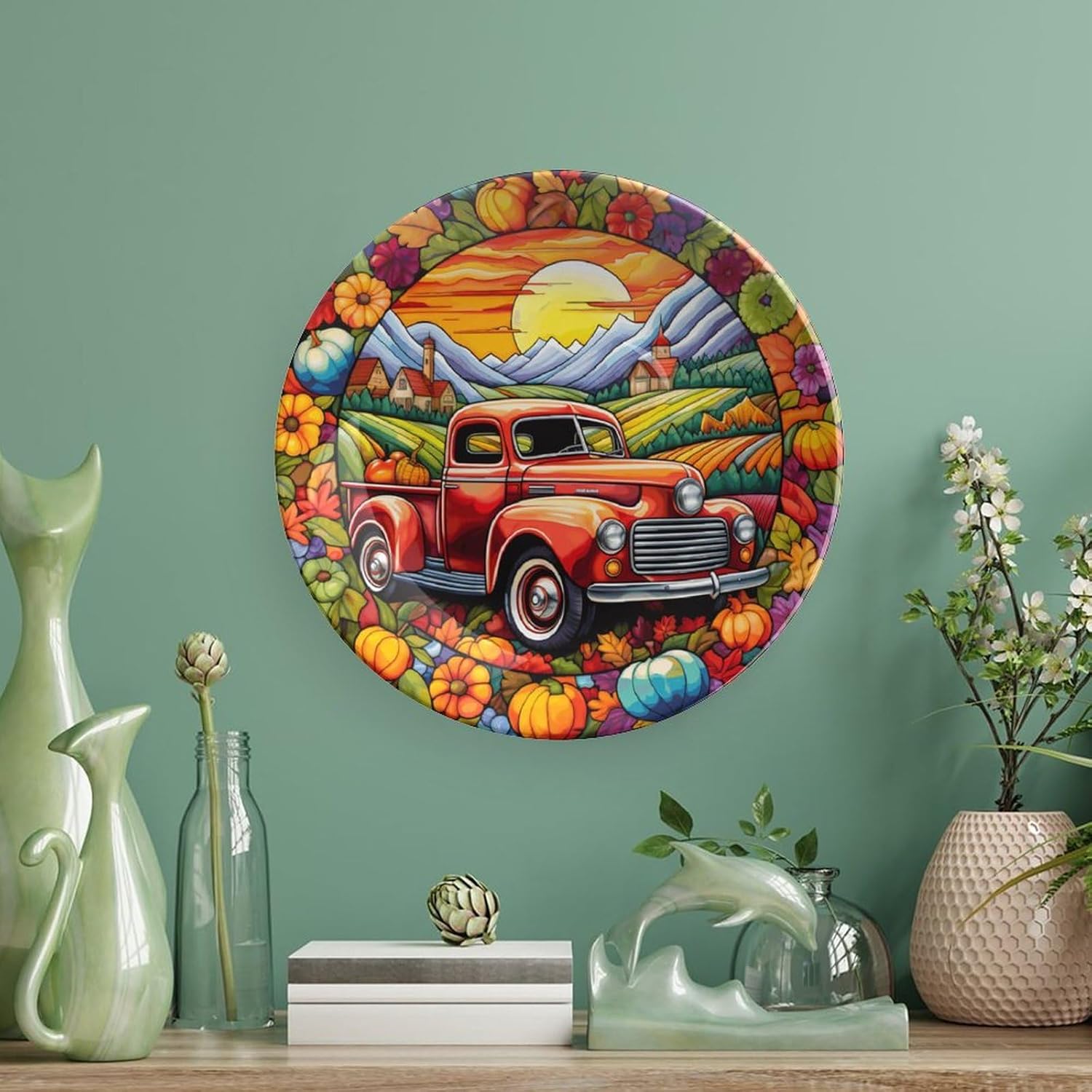 Gokays Platos decorativos, diseño retro de otoño con corona de camión y calabaza, vitral, placa de exhibición para el hogar, oficina, cocina,