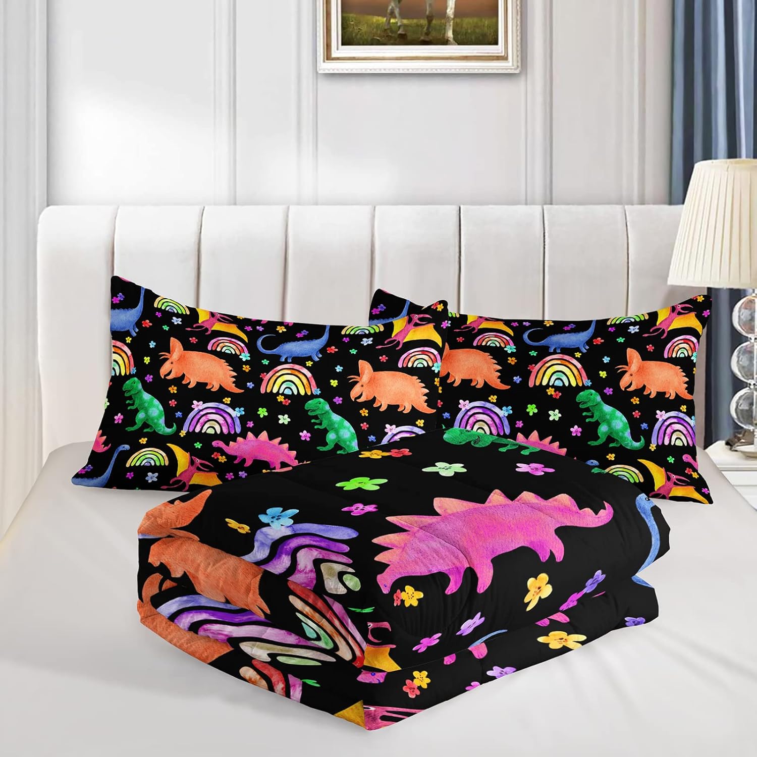 Juego de edredón de dinosaurio arcoíris para niños, colorido juego de ropa de cama para niños, edredón de dinosaurio de dibujos animados con flores