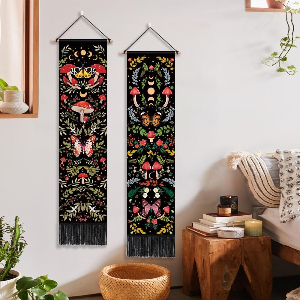 Paquete de 2 decoraciones para colgar en la pared de hongos, decoración hippie botánica vertical de pared, tapiz de planta de luna con borlas, tapiz