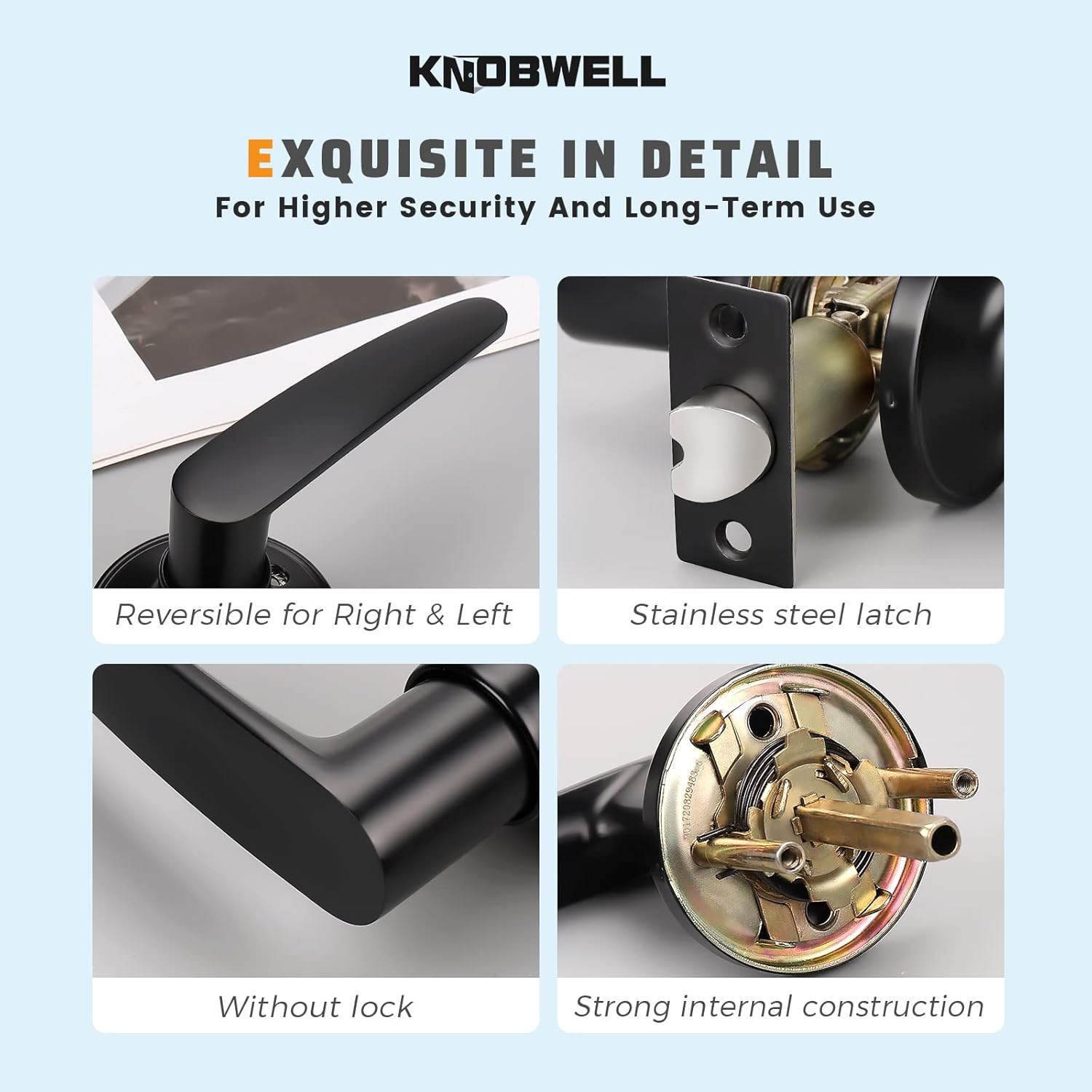 KNOBWELL Paquete de 10 manijas modernas para puerta interior color negro mate, pomo de puerta de armario con palancas rectas (sin pestillo, sin