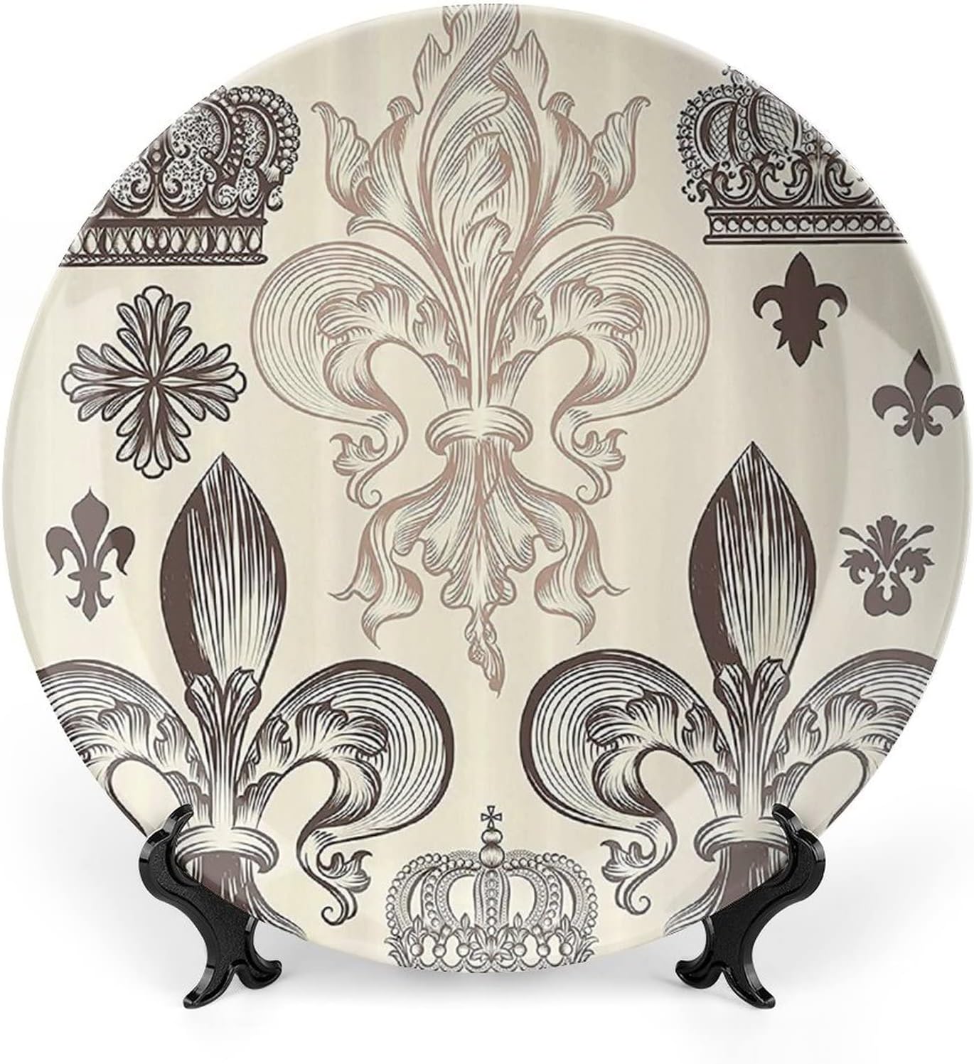 Plato decorativo de 6 pulgadas, plato de cena de flor de lis, patrón heráldico, escudo de armas, placa de exhibición de adorno para mesa de comedor,