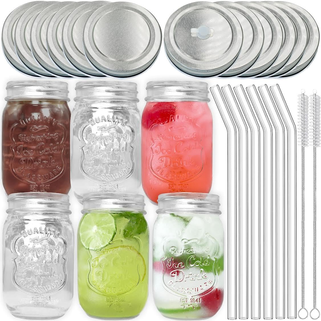 Mason – Tarros de vidrio sin asa, paquete de 6, tarros Mason con tapas selladas y con pajita, pajitas de vidrio y cepillos de limpieza, vasos para