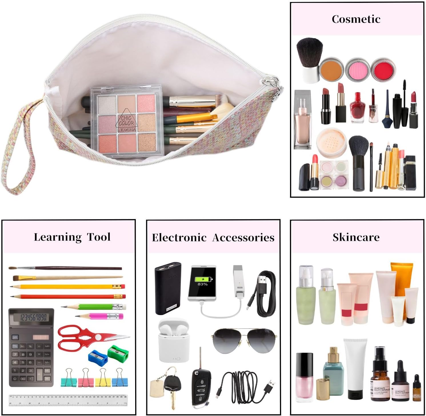 SEAMOON Pequeña bolsa de cosméticos, bolsa de maquillaje de viaje, bolso estético de maquillaje, bolsa de cuero de patrón tejido colorido, bolsa de