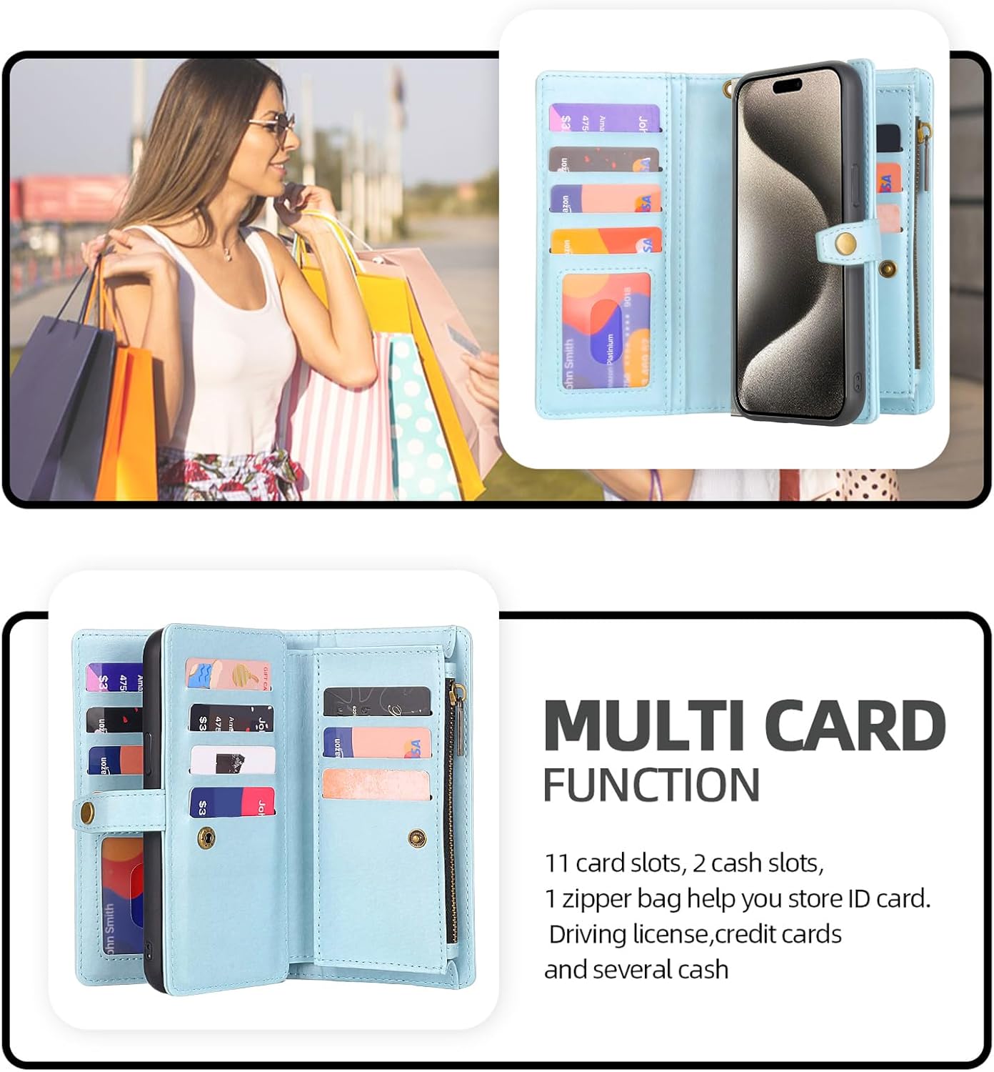 Funda tipo cartera de piel sintética para iPhone 12 Pro Max, multifuncional 2 en 1, magnética, correa de cordón, cremallera, tarjetero (azul claro)