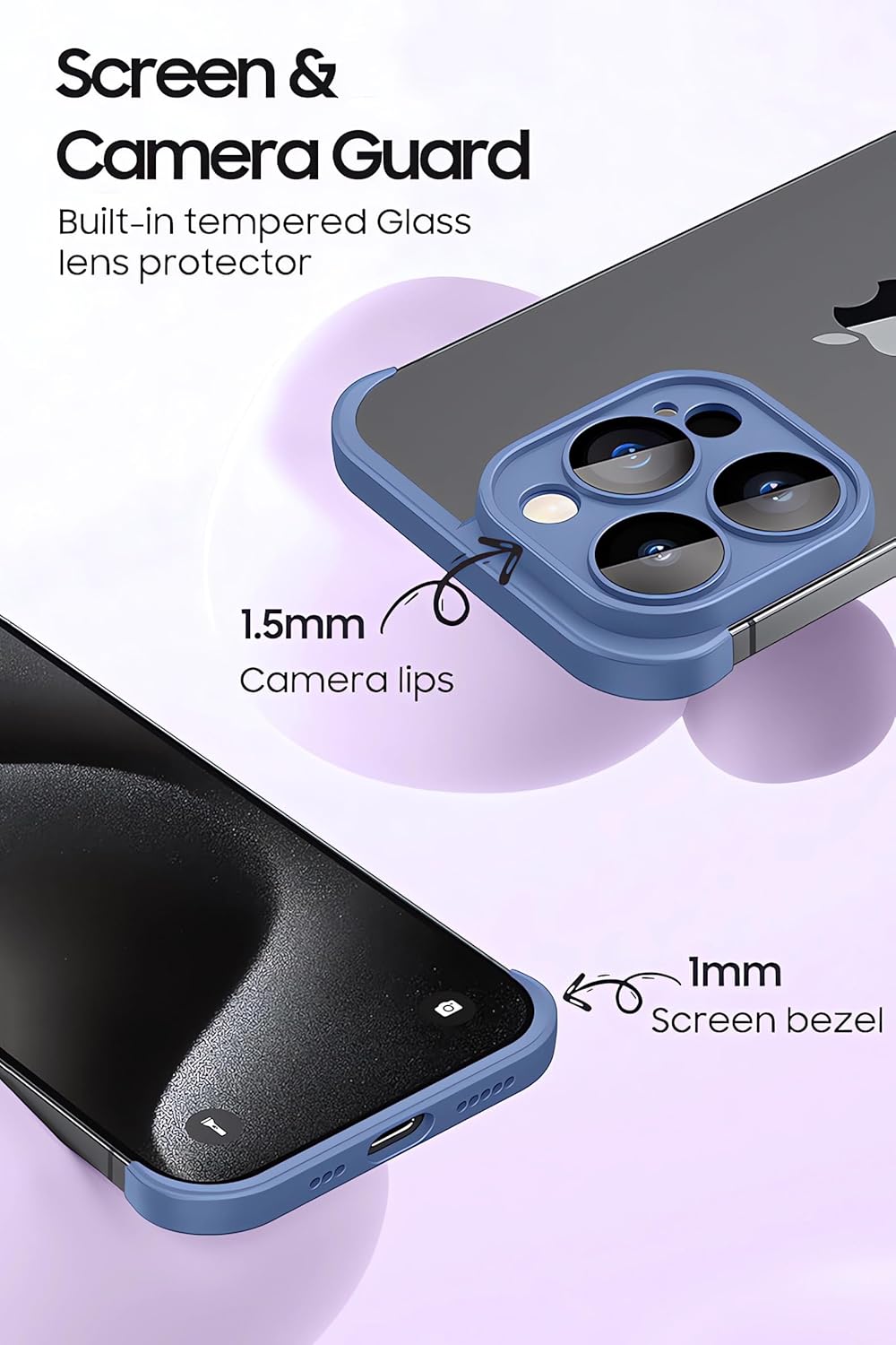 Funda sin marco para iPhone 15 Pro con protector de lente de cámara, funda delgada y suave de TPU a prueba de golpes, carcasa minimalista pero