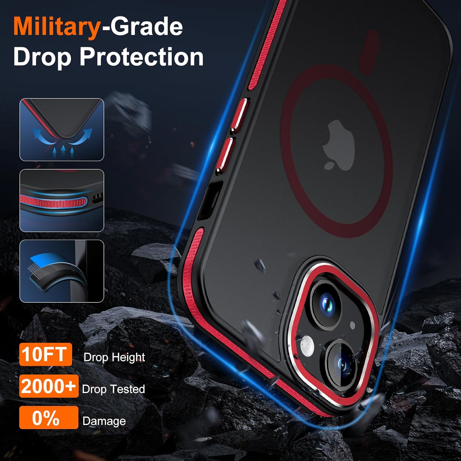 JAME Funda para iPhone 15, iPhone 15 con 2 protectores de pantalla de vidrio templado, compatible con Magsafe, protección de grado militar, funda