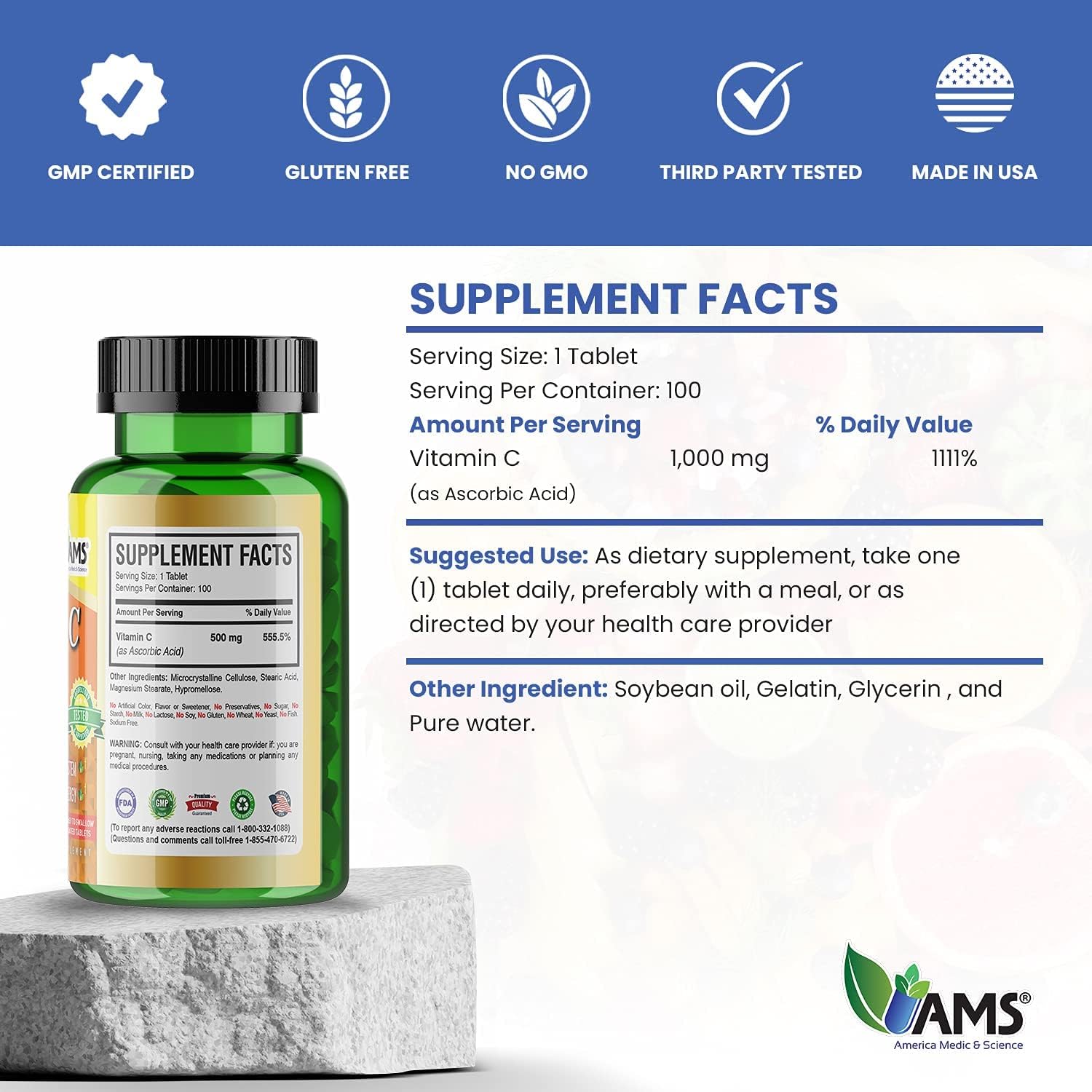 America Medic & Science Rapid-C – Suplemento de vitamina C de 500 mg (paquete de 3 100 tabletas), refuerzo de energía, apoyo diario del sistema